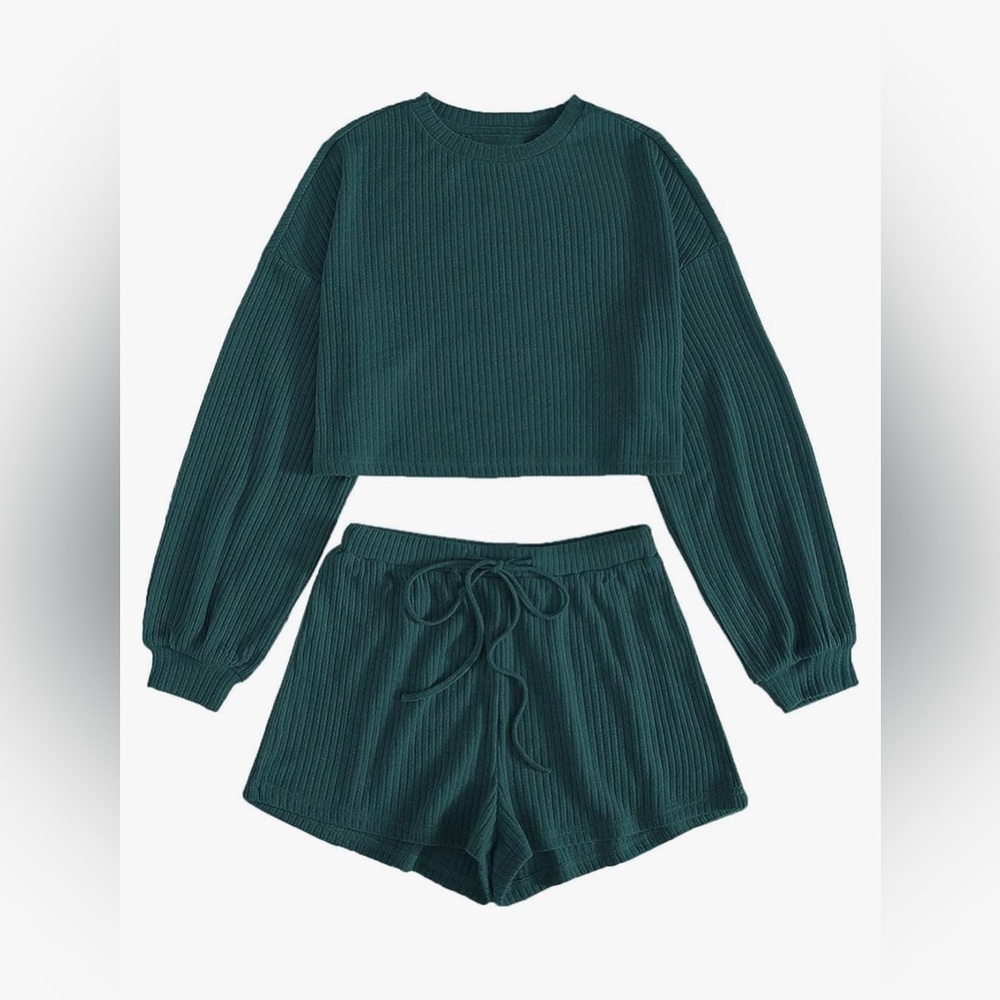 GREEN RIB KNIT LONG SLEEVE LOUNGE SET, 2 PIECE PJ SET